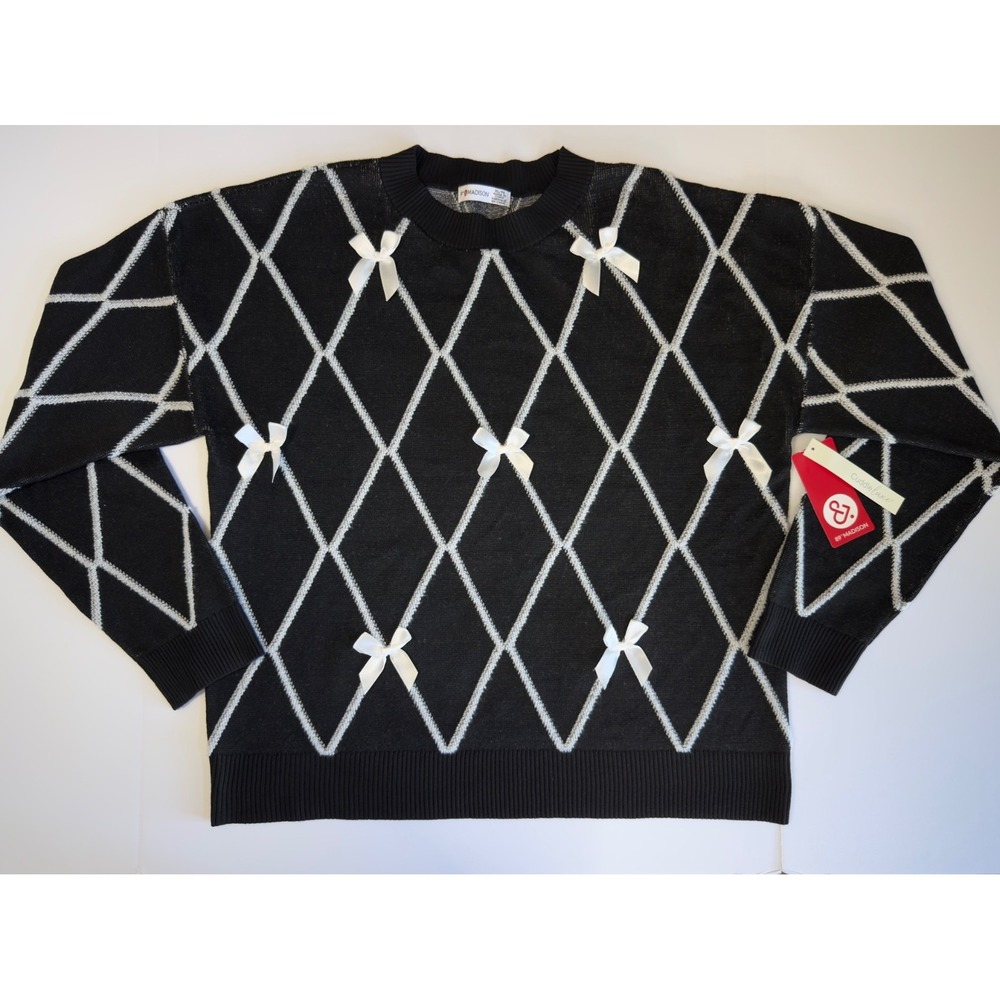 NWT 89th & Madison Women XL Black White Argyle Bow Coquette Sweater